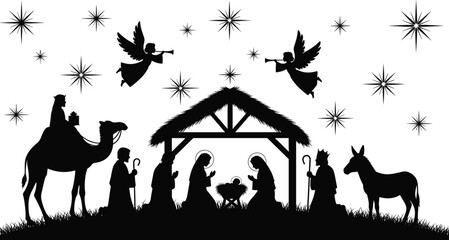 Nativity scene silhouettes with angels and starry sky, birth of Jesus Christmas religious illustration isolated on white background