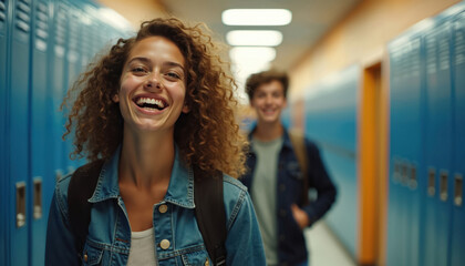 Smiling teenage girl and boy walk down school hallway with lockers lining walls. Students wear backpacks, casual clothes. Back to school mood, happy faces.
