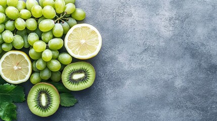 Display of fresh green grapes, kiwi fruit, apple slices, and mint leaves on a light gray background, promoting healthy eating habits