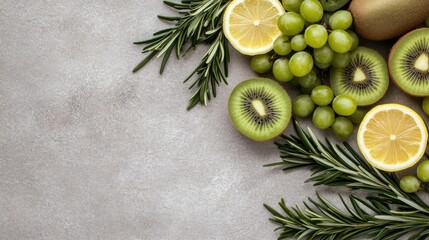 Display of fresh green grapes, kiwi fruit, apple slices, and mint leaves on a light gray background, promoting healthy eating habits