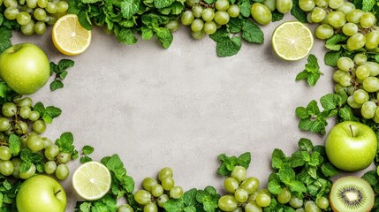 Display of fresh green grapes, kiwi fruit, apple slices, and mint leaves on a light gray background, promoting healthy eating habits