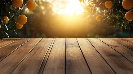 A peaceful orange orchard features trees and a rustic wooden table, perfect for showcasing fresh produce amidst a soft bokeh backdrop