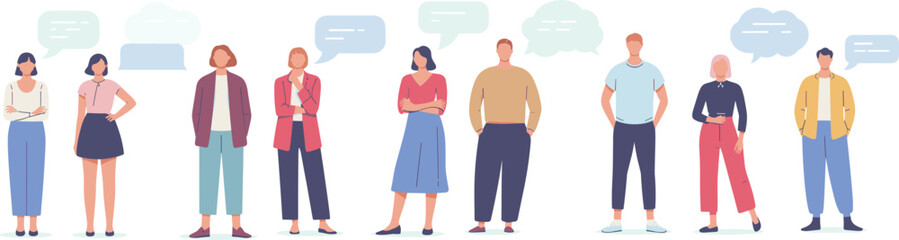 Collection of diverse people standing with speech bubbles, illustrating communication, conversation, social interaction, and modern character design for community, teamwork, and dialogue concepts.