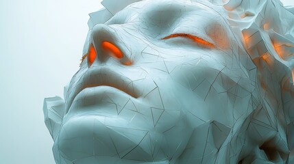 3D Rendered Geometric Human Head with Orange - Glowing Eyes