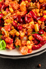 Mexican salad tuna, red beans, corn, peppers, vegetable oil seafood healthy food main course ingredient appetizer fresh tasty food table background country food top view copy space vegetarian food