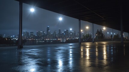 Fototapeta premium View from a highway overpass shows a lively city skyline illuminated by blue lights at night, with dynamic motion blur effects enhancing the scene