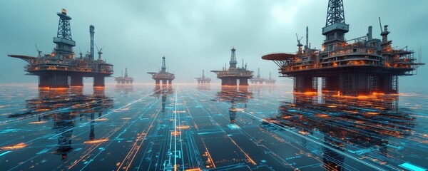 Offshore oil rigs stand on futuristic digital ocean surface. Glowing blue, orange lines represent data flow, smart tech, computing networks. Abstract scene shows modern industrial innovation, energy