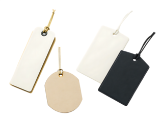 Four blank price tags of different shapes and colors isolated on white background