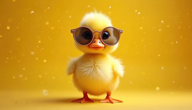 Cute yellow duckling wears cool sunglasses on bright yellow background. Funny baby bird character poses with style, swagger. Adorable animal with attitude enjoys sunny summer party vibe with