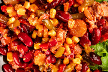 Mexican salad tuna, red beans, corn, peppers, vegetable oil seafood healthy food main course ingredient appetizer fresh tasty food table background country food top view copy space vegetarian food
