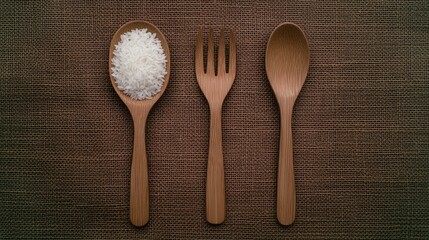 Two wooden utensils hold fresh rice atop a textured burlap backdrop, captured with bright natural lighting for an inviting feel