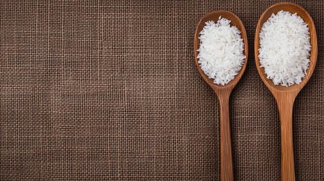 Two wooden utensils hold fresh rice atop a textured burlap backdrop, captured with bright natural lighting for an inviting feel - Powered by Adobe
