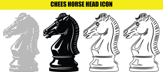 Chess horse head icon set, knight chess piece vector illustrations, black, white, outline, and dotted styles