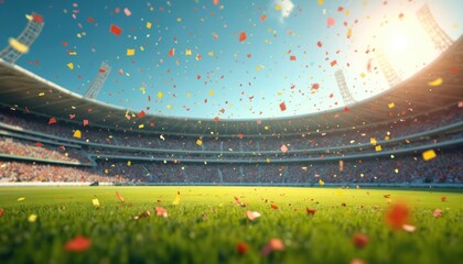 Stadium filled with cheering fans on bright sunny day. Confetti rains down on green grass pitch. Crowd celebrates victory after sports match. Excitement fills air.