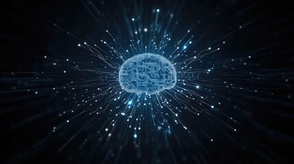 Concept of an abstract brain integrated with technology and circuits, showcasing a glowing blue aesthetic in a modern design
