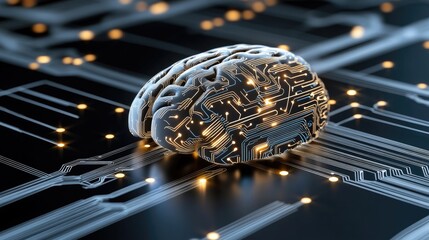 Concept of an abstract brain integrated with technology and circuits, showcasing a glowing blue aesthetic in a modern design