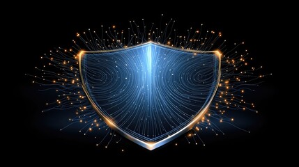 Advanced digital protection concept featuring a high-tech security shield illuminated by cyber connections on a deep blue background