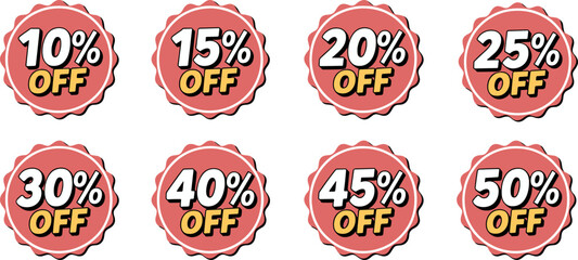 "Scalloped Discount Stickers: Eight Vector Sales Badges from 10% to 50% Off, Featuring Pink and Yellow Text for Retail Advertising and Online Shopping Campaigns"