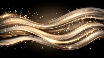 Dynamic gold wave lines with glowing effects create an elegant abstract presentation design against a black background, evoking sophistication