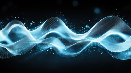 Abstract blue background features a wave of glowing dots and lines, ideal for digital design presentations focused on big data technology