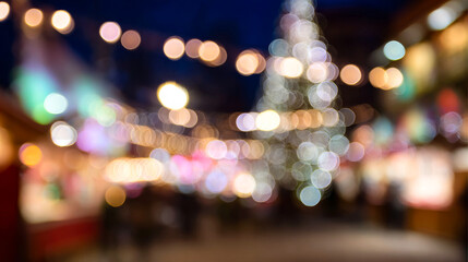 Winter market lights. People walk around a market with many lights and a large tree in the background at night during winter.