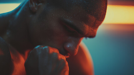 Hispanic boxer preparing for training in a neon-lit gym. Authentic pre-fight ritual with intense focus. Wrapping wrists before training, sportman. Hispanic man training.