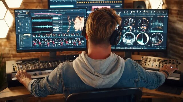 Medium shot of a music producer adjusting AIpowered mastering software settings to enhance the clarity and punch of a pop track in a modern studio environment