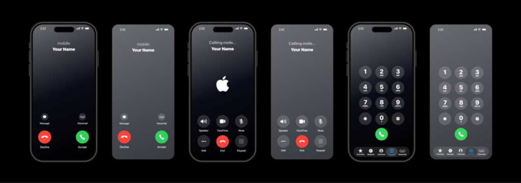 Call iPhone UI Mockup showing active call screen, incoming/outgoing panels, accept/reject buttons, keypad, voicemail, volume, mute, and modern interface vector illustration