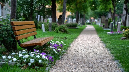 A peaceful spot featuring an empty bench in a cemetery, with tombstones, flowers, and greenery creating a somber atmosphere