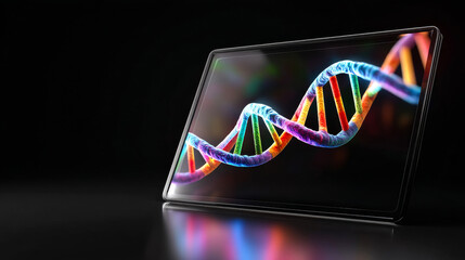 DNA structure on screen. A digital screen displays a colorful representation of a DNA double helix. The scene shows modern technology in use.