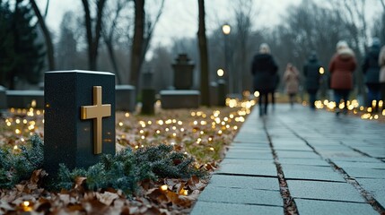 Grave marker features a golden cross on black granite next to a vibrant green plant, capturing a moment of remembrance in a tranquil cemetery setting