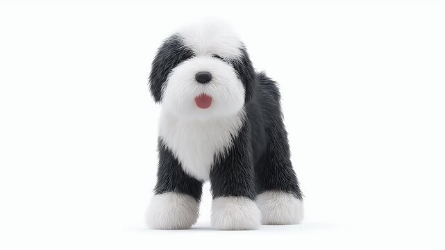 Adorable Old English Sheepdog Puppy Posing on White Background.