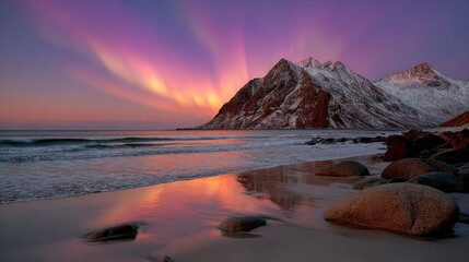 Sunset colors the beach, mountains. Waves wash over the sand as the sky changes color at sunset over the mountain landscape.