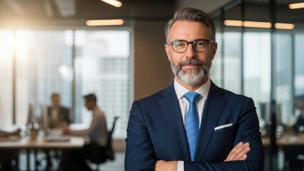 Obraz premium Confident businessman with glasses in modern office ready for business success
