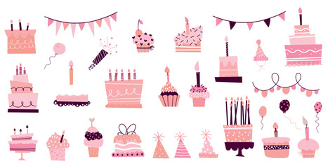 Cute birthday cake with party hats, balloons, and candles. Colorful vector set of celebration elements, gifts, and confetti for festive greeting cards and decorations.
