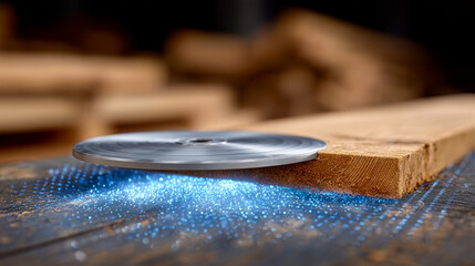 Saw cuts wood in a workshop setting. A saw is cutting through a piece of wood in a workshop. Dust and particles are visible around the cutting area.
