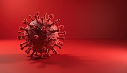 Realistic 3D render of red coronavirus particle on matching background. Pathogen shows spiky outer shell, detailed internal structure. Ideal for medical, scientific, global health awareness content.