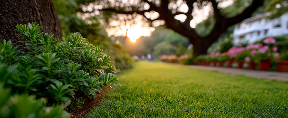 Garden at sunset with green plants. People walk in a garden during sunset while flowers blossom and shadows stretch on the grass.