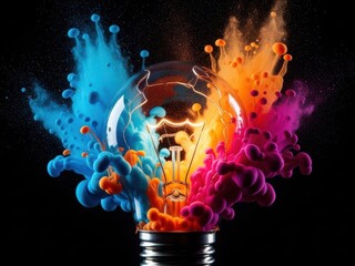 Vibrant explosion of colorful powder erupting from a glowing incandescent light bulb against a dark background, symbolizing creativity and energy
