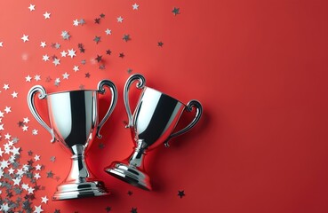 Two silver trophies and scattered star confetti rest on a vibrant red background. These awards signify achievement and victory in any competition or event. Celebration and success are highlighted.