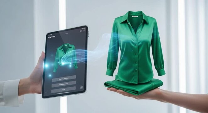 Digital fashion concept showing a virtual blouse materializing from a tablet. Augmented reality and the future of e-commerce. Metaverse and virtual clothing technology