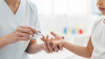 Woman nurse checking blood sugar level of kid. Medical healthcare procedure for diabetes monitoring in child. Health checkup and examination.
