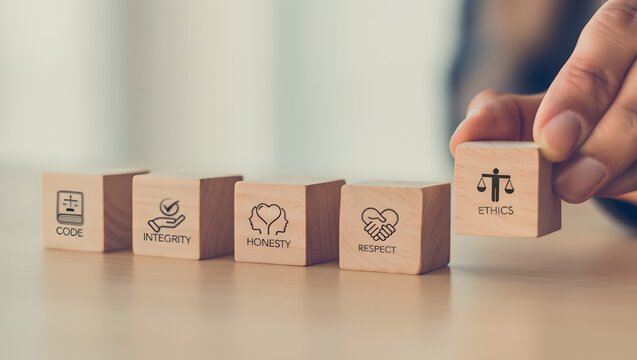 Code of conduct in business concept. Wooden blocks with code of conduct icons; code, integrity, honesty, respect, and ethics, the foundation of a strong corporate code of conduct. Corporate ethics.