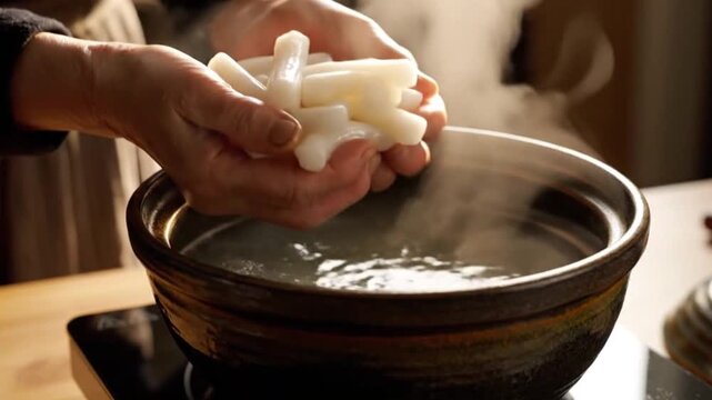 Close-up of hands cutting Korean rice cakes on a wooden board. Preparing a traditional Asian meal by boiling tteok in a steaming pot. Homemade cooking concept, seollal, 