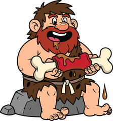 Cartoon caveman sitting on rock with meat, red beard, animal skin outfit, happy expression, flat vector illustration