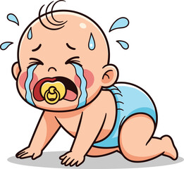 Cartoon crying baby crawling with blue diaper, yellow pacifier, tears and sweat, emotional infant pose, flat vector illustration