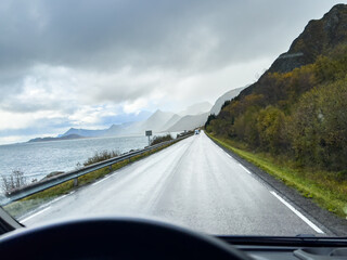 Autumn landscape in Lofoten Islands, Northern Norway, featuring colorful foliage, and a peaceful fjord.