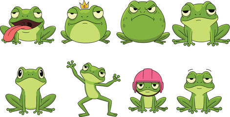 Cartoon frogs with varied expressions, emotional characters, funny amphibians, playful poses, educational emotion icons, kids illustration set, flat vector illustration