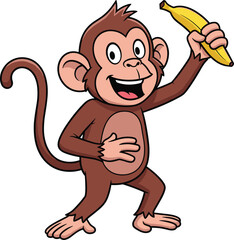 Cartoon monkey holding banana with cheerful expression, brown fur, curled tail, animated character pose, flat vector illustration