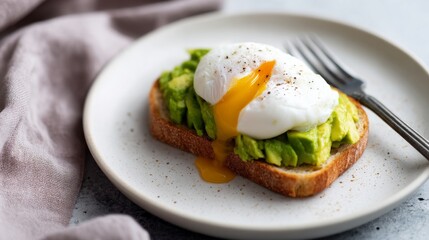 Delicious avocado toast topped with a perfectly poached egg. This meal is healthy and satisfying. Great for breakfast or brunch. Enjoy the beautiful presentation and flavors. AI